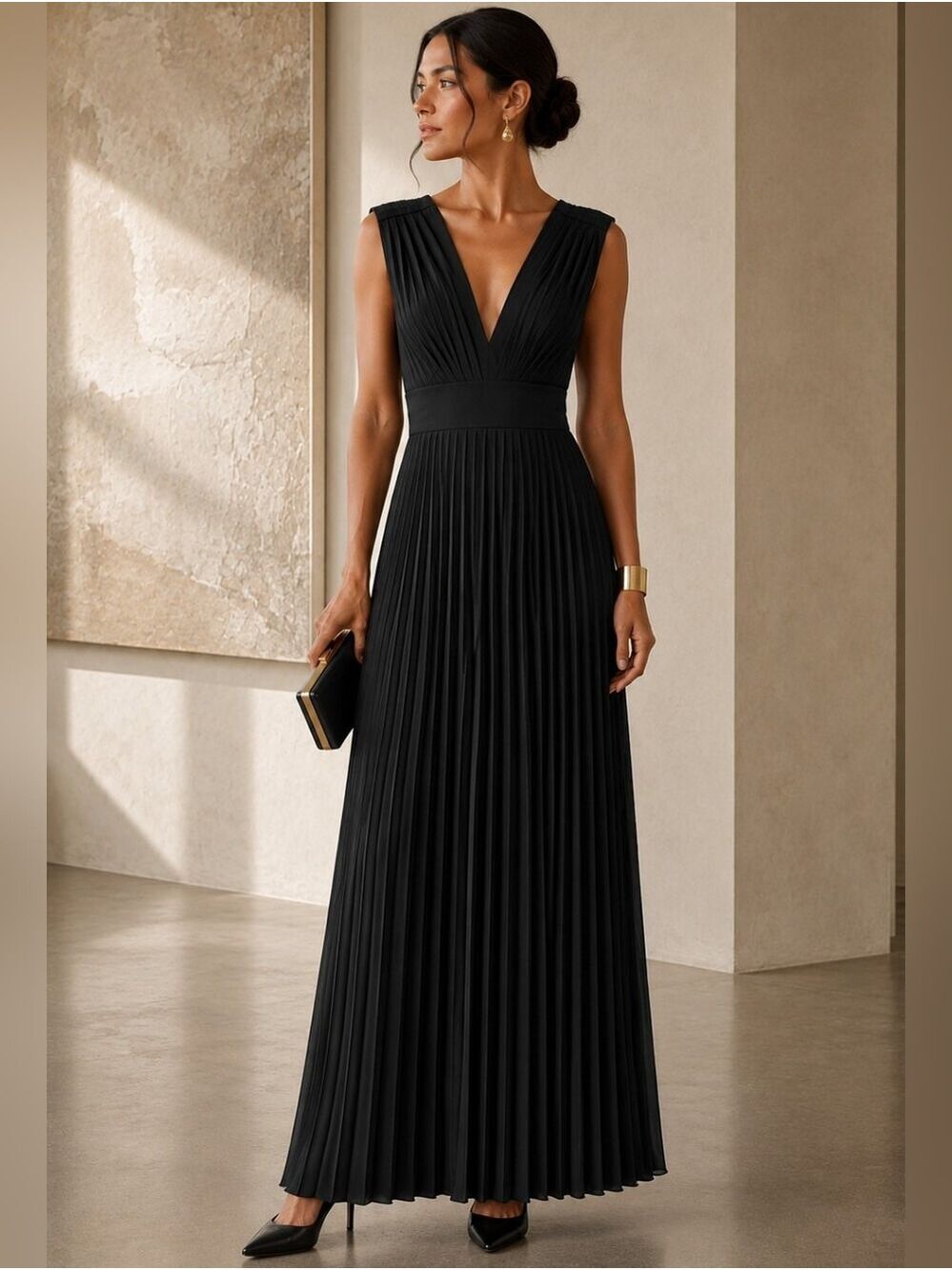 CALVIN KLEIN BLACK PLEATED SLEEVELESS ELEGANT MAXI GOWN FORMAL EVENING DRESS 6